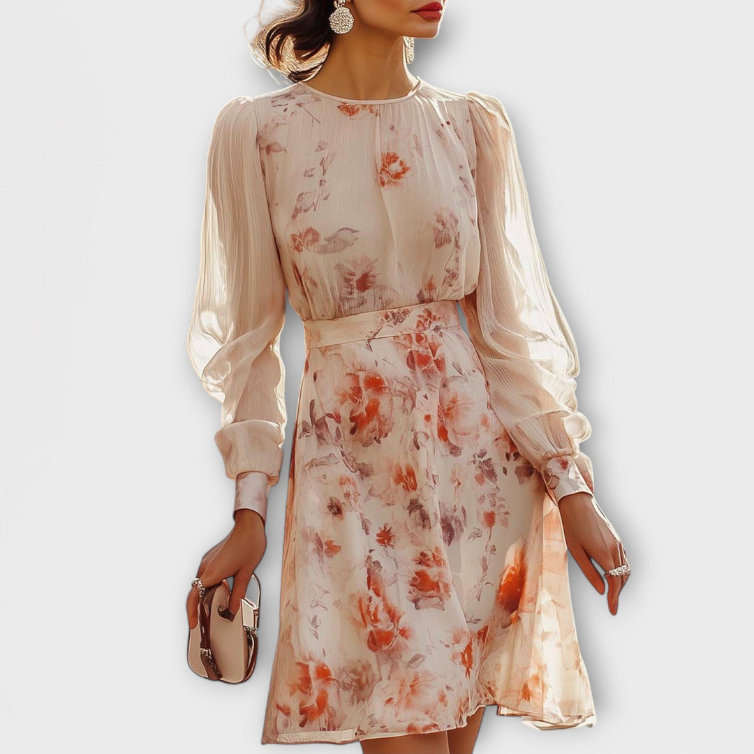 Ailbhe™ | Pleated Dress with Floral Print and Short Sleeves