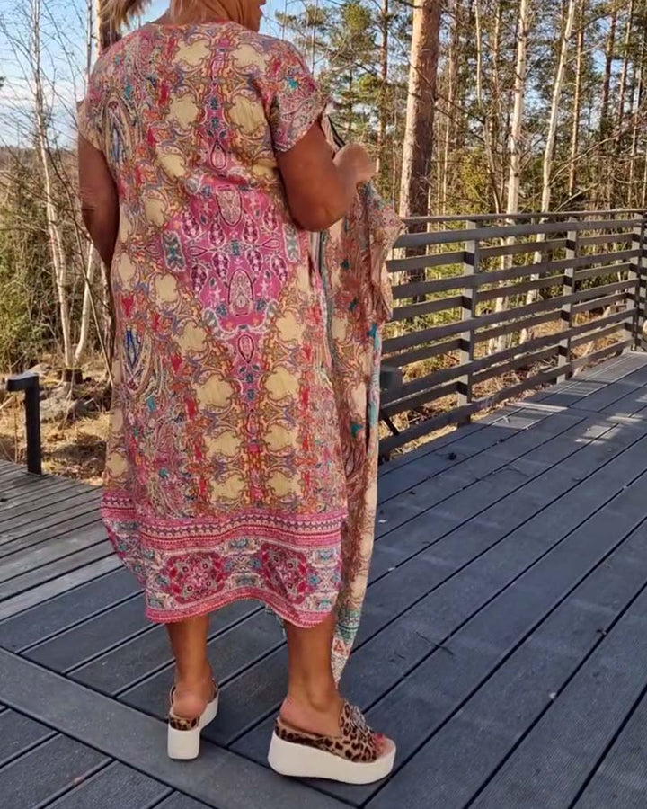 Emily™ | Women’s V-Neck Short Sleeve Straight-Cut Patterned Dress